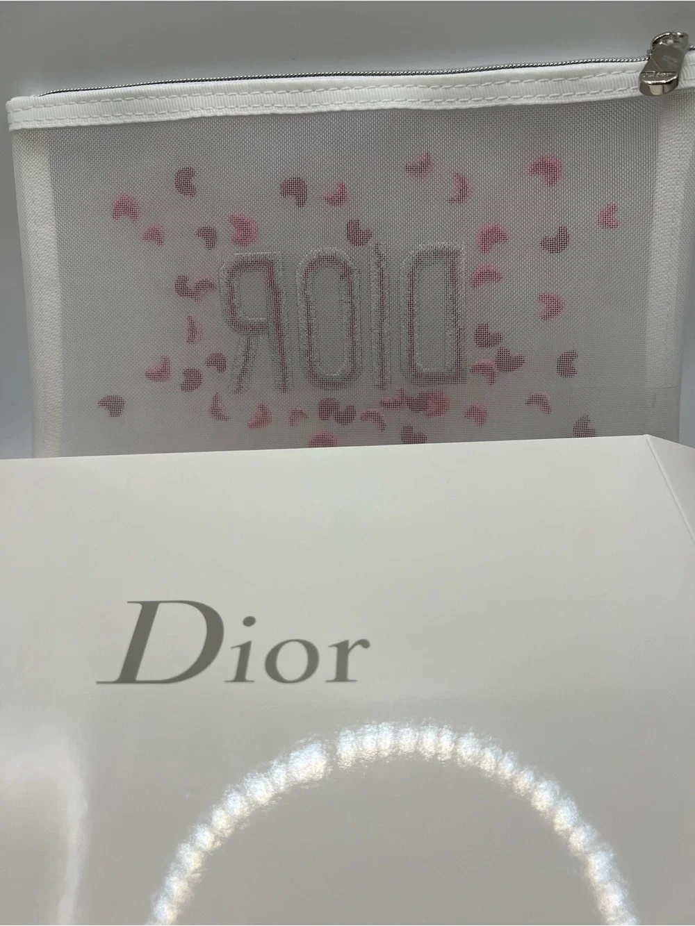 Dior White Cosmetic Pouch with Pink Embroidered Confetti